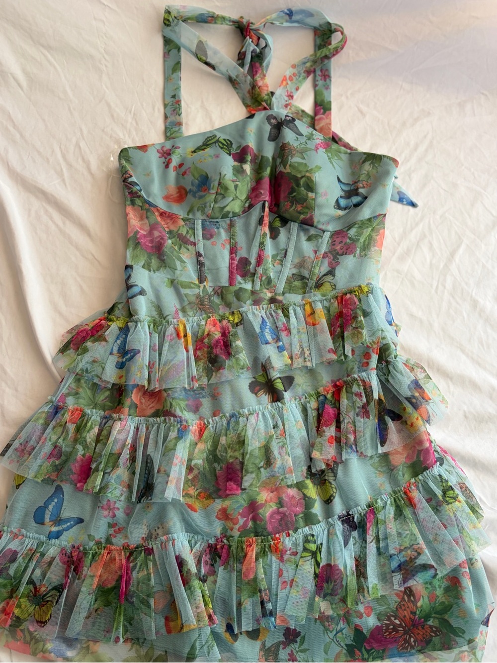 Pear Moon Floral Butterfly Tiered Ruffle Mini Dress NWT Size 13
